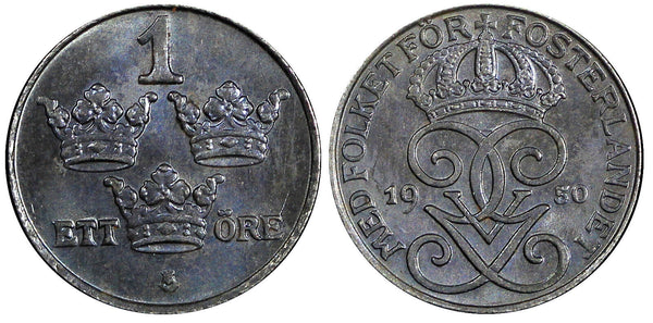 Sweden Gustaf V Iron 1950 1 Öre GEM BU  KM# 810 (21 866)