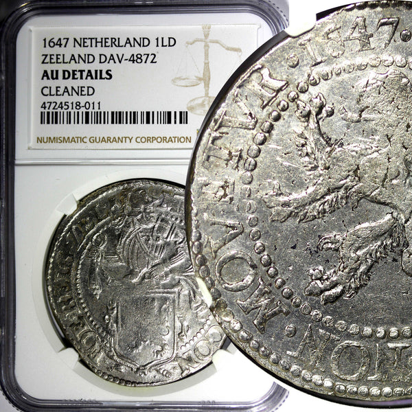 Netherlands ZEELAND Silver 1647 1 Daalder Lion NGC AU DET. BETTER YEAR KM#16(1)