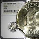 SWEDEN Gustaf V Silver 1941 G 10 Ore NGC MS64 WWII ISSUE KM# 780 (016)