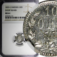 SWEDEN Oscar I (1844-1859) Silver 1855 G 10 Ore NGC MS61 Short Beard KM# 683 (1)