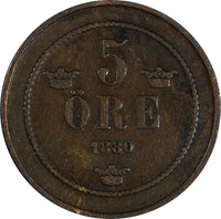 Sweden Oscar II Bronze 1880 5 Öre Small Letters RARE DATE KM# 736 (19 721)