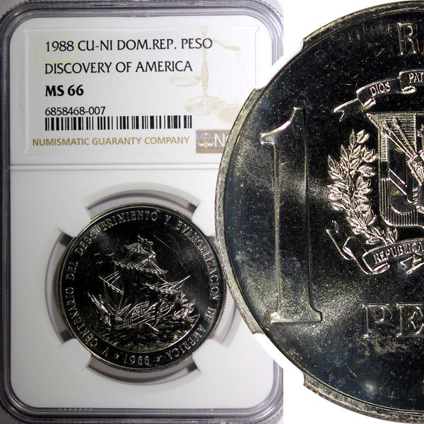 Dominican Republic 1988 1 Peso  Discovery of America NGC MS66 KM# 66 (07)