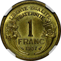 France Aluminum-Bronze 1937 1 Franc NGC MS64 1 GRADED HIGHEST BY NGC KM# 885 (1)