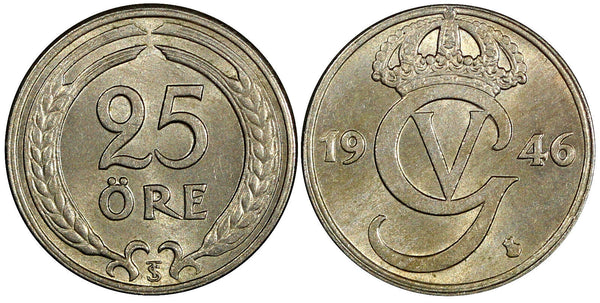 Sweden Gustaf V Nickel-Bronze 1946 TS 25 Öre  UNC KM# 798 (22 039)