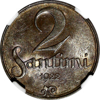 LATVIA Bronze 1922 2 Santimi Name below Ribbon Better Variety NGC MS63 BN KM# 2