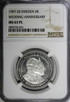 SWEDEN Oscar II Silver 1907-EB 2 Kronor NGC MS63 PL PROOF LIKE KM# 776 (031)