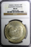 Mexico  Silver 1950 Mo 5 Pesos NGC MS64 Southeastern Railroad KM# 466 (005)