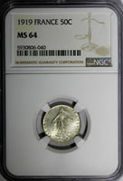 France Silver 1919 50 Centimes NGC MS64 MINT LUSTER KM# 854 (040)
