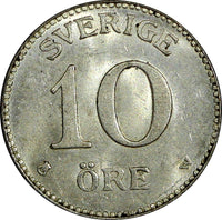 SWEDEN Gustaf V Silver 1919 W 10 Öre UNC TONED KM# 780 (21 908)