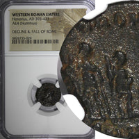 WESTERN ROMAN Honorius AD 393-423 AE4 Nummus /Rev.Three emperors NGC (029)