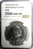 Ghana Silver Proof 1958 10 Shillings NGC PF62 Mintage-11,000 Independence KM# 7