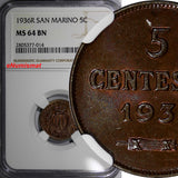 San Marino Bronze 1936 R 5 Centesimi NGC MS64 BN Mintage-400,000 KM# 12 (014)