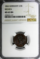 Germany BREMEN Copper 1866 2-1/2 Schwaren NGC MS63 BN Mintage-72,000 KM234 (127)
