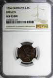 Germany BREMEN Copper 1866 2-1/2 Schwaren NGC MS63 BN Mintage-72,000 KM234 (127)