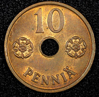 FINLAND Copper 1941 10 Pennia UNC Condition WWII  Issue RED KM# 33.1 (23 993)
