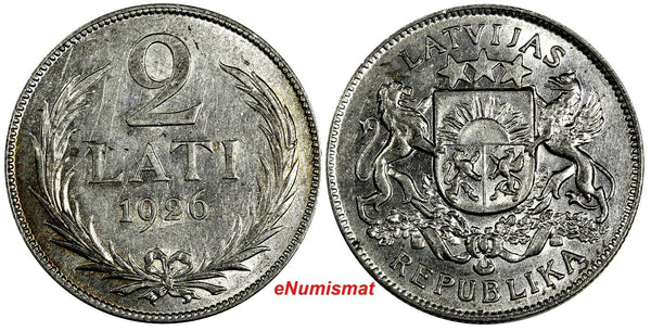 Latvia Silver 1926 2 Lati 2 Years Type  KM# 8 (18 146)