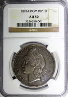 Dominican Republic Silver 1891 A 5 Francos NGC AU50 Paris Mint-150.000 KM# 12(1)