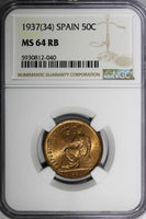 SPAIN II Republic Copper 1937 (34) 50 Centimos NGC MS64 RB KM# 754.1 (040)