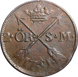 SWEDEN COPPER  Adolf Frederick 1761 2 Ore, S.M. Low Mintage:422,000 KM# 461