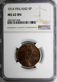 FINLAND Nicholas II Copper 1914  5 Pennia NGC MS62 BN BETTER DATE KM# 15