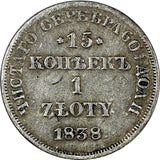 POLAND RUSSIA Nicholas I Silver 1838 HG 1 Zloty 15 Kopecks   C# 129