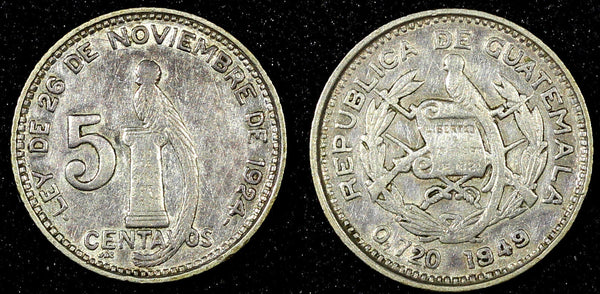 GUATEMALA Silver 1949 5 Centavos Last Year Type  KM# 238.1 (22 804)