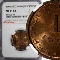 Mozambique PORTUGUESE 1962  1 Escudo NGC MS64 RB BETTER DATE Mint-600,0KM# 82(5)