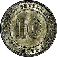Straits Settlements George V Silver 1918 10 Cents aUNC KM# 29a