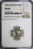 NORWAY Haakon VII  1950 25 Øre Last Year NGC MS64 TOP GRADE KM# 384 (083)