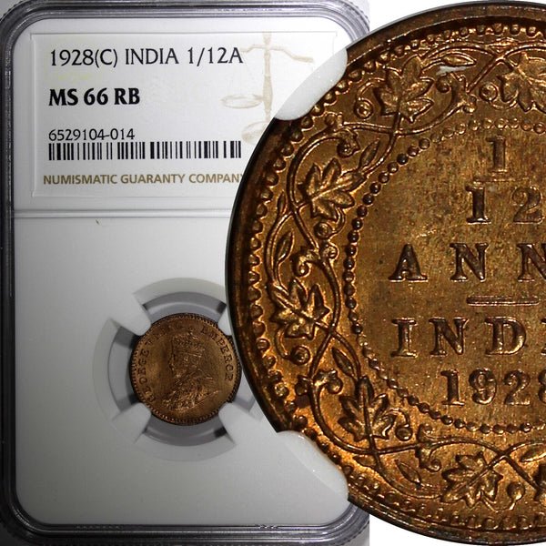 India-British George V Bronze 1928 (C) 1/12 Anna NGC MS66 RB TOP GRADE KM#509(4)