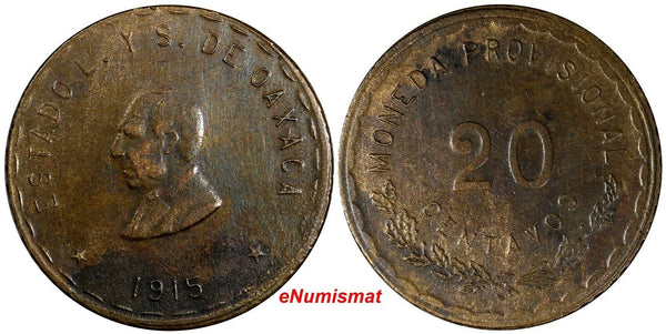 Mexico-Revolutionary OAXACA Copper 1915 20 Centavos Toned (14 790)