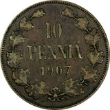 Finland Nicholas II Copper 1907 10 Pennia Mintage-503,000 KM# 14 (19 043)