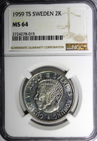 SWEDEN Gustaf VI Silver 1959 TS 2 Kronor NGC MS64 KM# 827 (015)