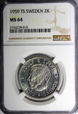 SWEDEN Gustaf VI Silver 1959 TS 2 Kronor NGC MS64 KM# 827 (015)