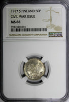 Finland Nicholas II Silver 1917 S 50 Penniä Civil War Issue NGC MS66 KM# 20 (14)