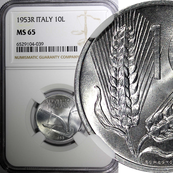 Italy Aluminium 1953 R 10 Lire NGC MS65 TOP GRADED KM# 93 (39)
