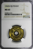 Fiji George VI Brass 1943 S 1 Penny NGC MS64 San Francisco Mint KM# 7a (031)