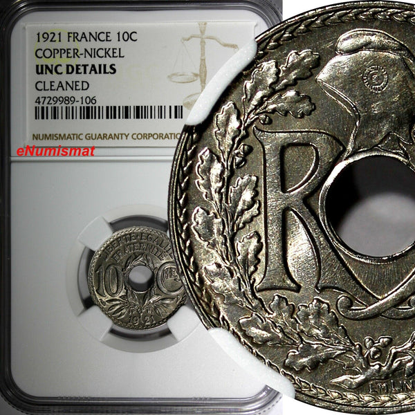 FRANCE Copper-Nickel 1921 10 Centimes NGC UNC DETAILS KM# 866a (106)