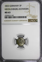 Germany MECKLENBURG-SCHWERIN Friedrich Franz I 1833 3 Pfennig NGC MS63 KM282(62)