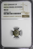 Germany MECKLENBURG-SCHWERIN Friedrich Franz I 1833 3 Pfennig NGC MS63 KM282(62)