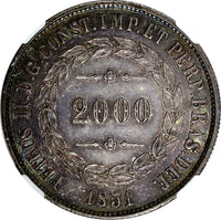 Brazil Pedro II Silver 1851 2000 Reis NGC AU55 Nice Toned 37mm KM# 462 (032)