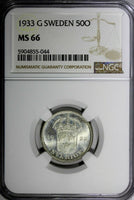 Sweden Gustaf V Silver 1933 50 Öre NGC MS66 BU KM# 788 (044)