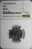 SWEDEN GUSTAF V Iron 1942 2 ORE NGC MS62 WWII Issues  KM# 811