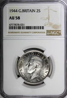 GREAT BRITAIN George VI Silver 1944 Florin /2 Shilling NGC AU58 WWII KM# 855 (1)