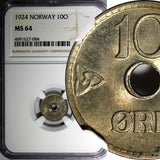 Norway Haakon VII Copper-Nickel 1924 10 Ore NGC MS64 1st YEAR TYPE KM# 383 (084)
