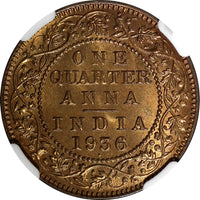 India-British George V Bronze 1936 (B) 1/4 Anna NGC MS66 RB GEM BU KM# 512 (19)