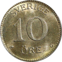 SWEDEN Gustaf V Silver 1934 G 10 Öre UNC TONED KM# 780 (21 903)