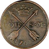 SWEDEN Adolf Frederick (1751-1771) Copper 1761 S.M. 1 Ore 30mm KM# 460 (21 361)