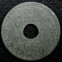 TUNISIA  Zinc 1942 10 Centimes WWII Issue TONED KM# 267 (23 010)