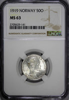 Norway Haakon VII Silver 1919 50 Øre NGC MS63 LAST YEAR .HIGH GRADED KM# 374 (1)